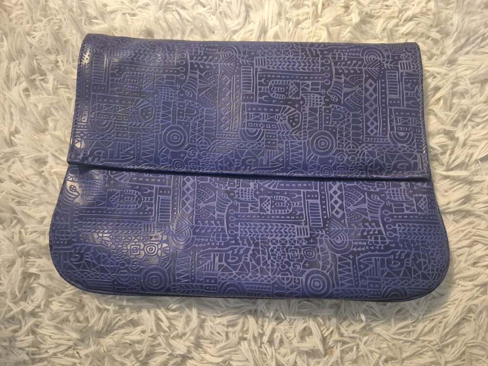 Vtg Purple/Blue Embossed Faux Leather Envelope Clutch Egyptian Hieroglyphic YKK